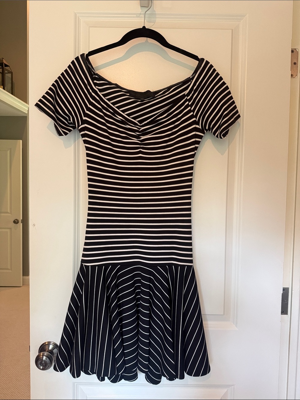 Black & White Striped Short Sleeve Fit-and-Flare Dress
